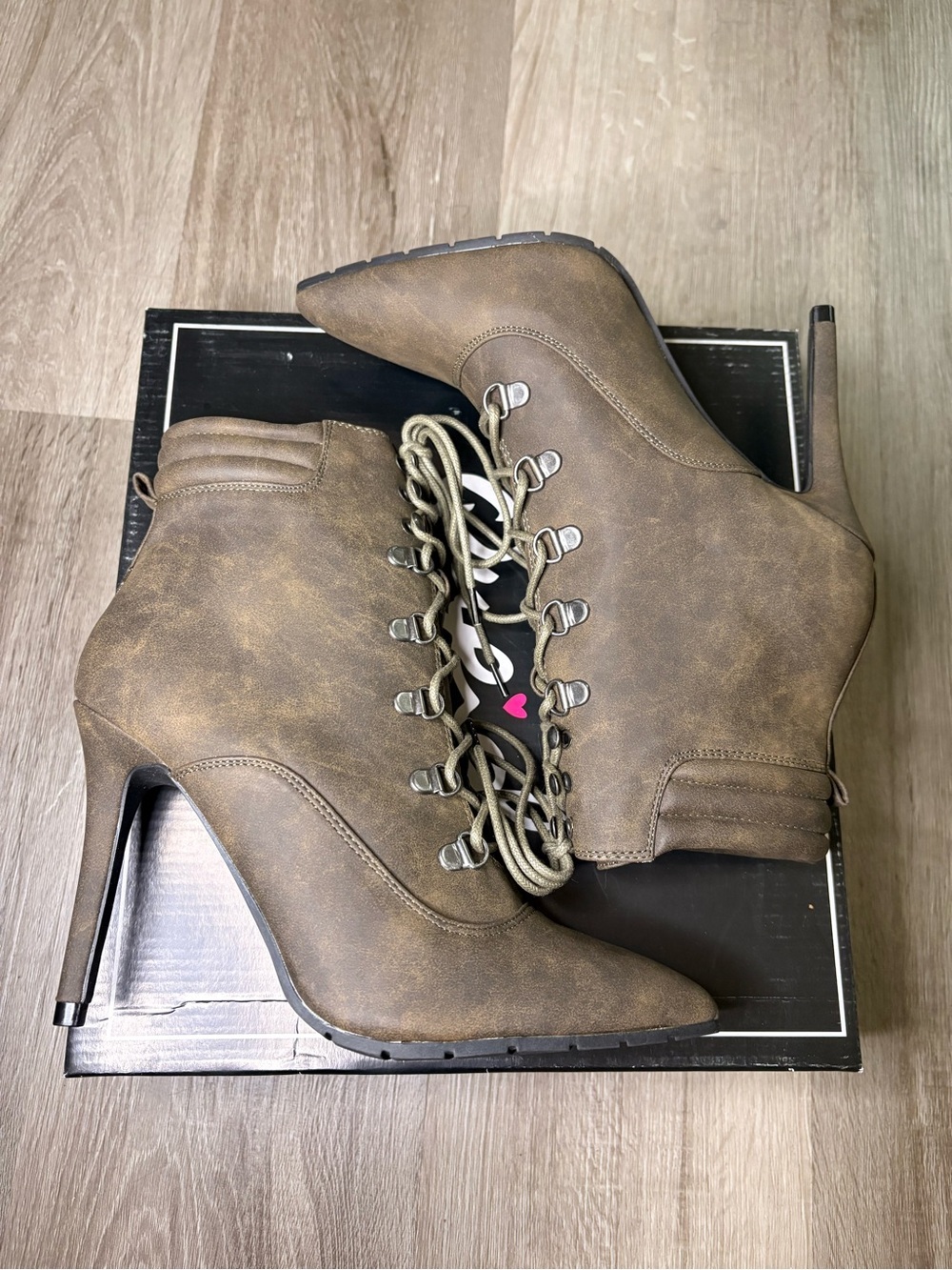 Qupid Brown Lace-Up Pointed Stiletto Ankle Boot - Picture 4 of 6